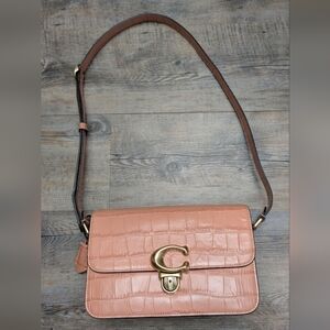 Coach Croc-Embossed Leather Studio Bag in Coral with Gold Hardware